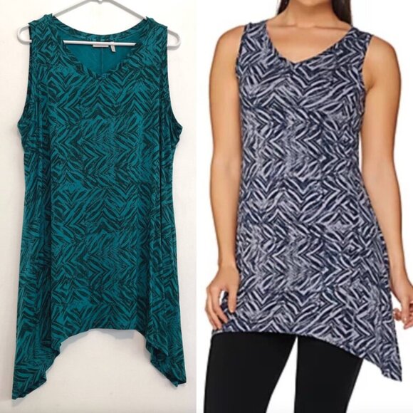 LOGO BY LORI GOLDSTEIN Printed Tank Teal Green Blue Geometric Asymmetrical Tunic - Picture 1 of 16